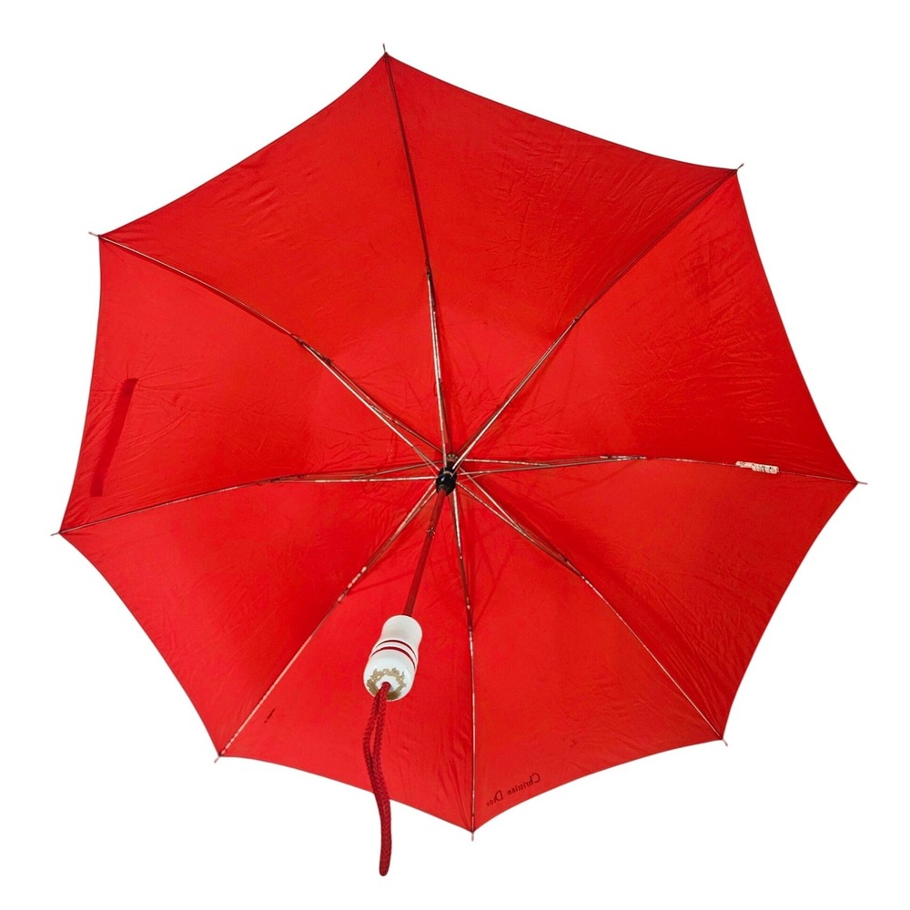 Christian Dior Parapluies Paris Red Umbrella CD Logo Handle Made in France VTG - Picture 2 of 11